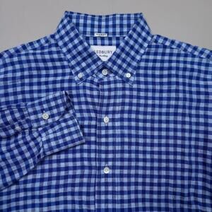 Ledbury Classic Fit Linen Plaid Long Sleeve Casual Button Up Shirt Preppy XL
